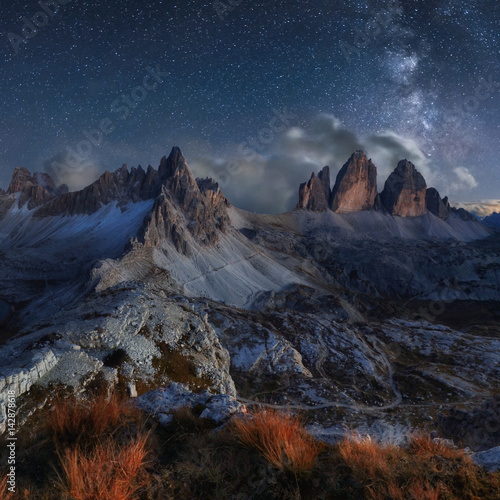 Alps Mountain landscape with night sky and Mliky way, Tre Cime di Lavaredo, Dolomites