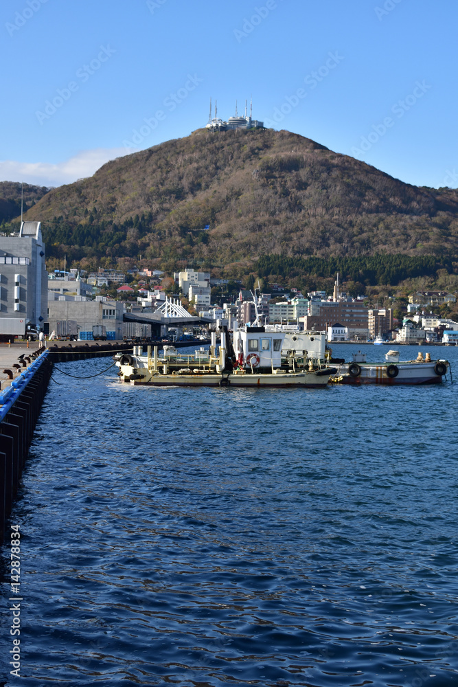 函館港の漁船と函館山　縦