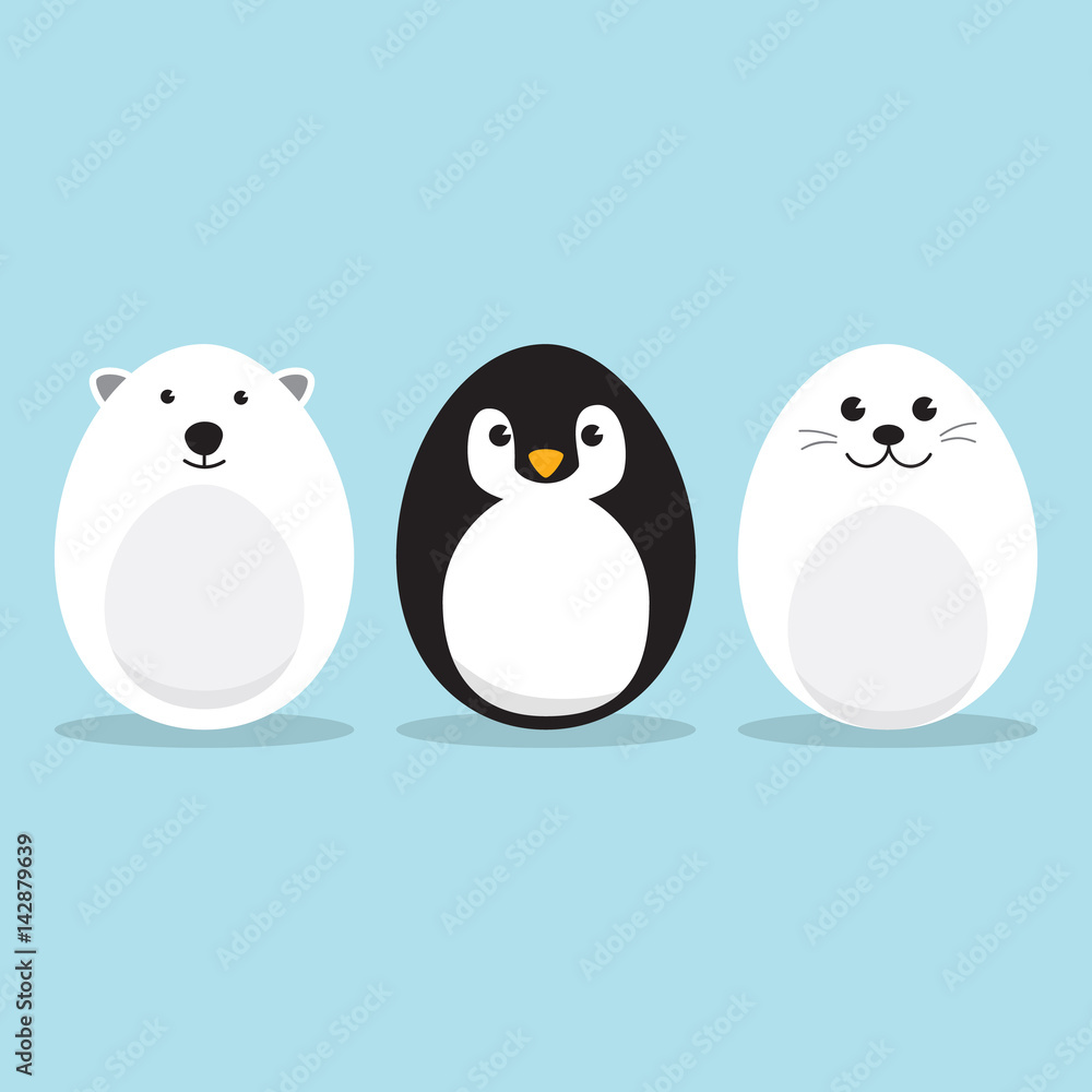 Fototapeta premium Egg Shaped arctic animals Character Set for Easter day, Easter eggs paint. A Cute Polar Bear, Penguin, Baby Seal Pup character on sky blue background Flat design vector illustration.
