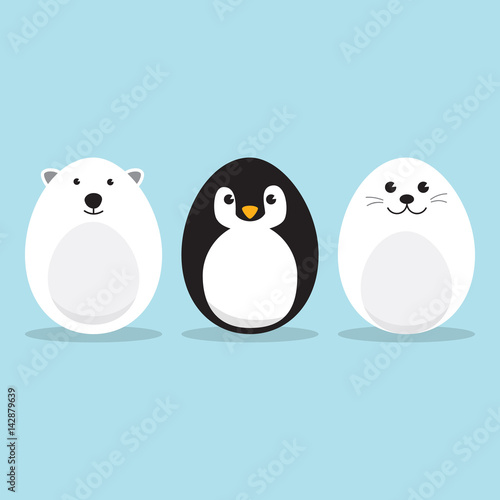 Egg Shaped arctic animals Character Set for Easter day, Easter eggs paint. A Cute Polar Bear, Penguin, Baby Seal Pup character on sky blue background Flat design vector illustration.