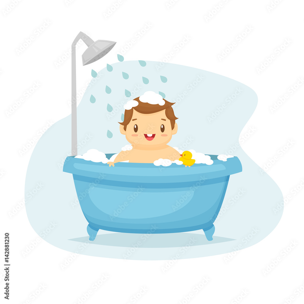 Naklejka premium Cute baby boy in bath cartoon vector 