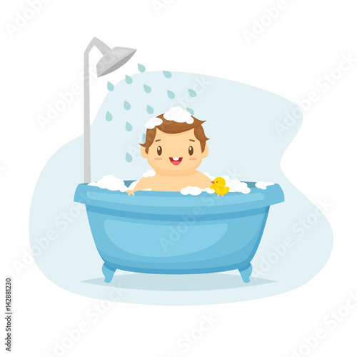 Cute baby boy in bath cartoon vector 