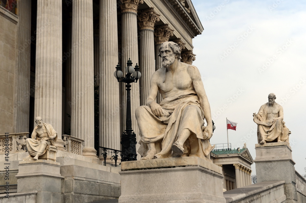 Sculptures of Greek philosophers at the Parliament building of Austria.