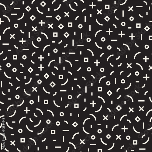 Retro geometric line shapes seamless patterns. Abstract jumble textures. Black and white scattered shapes