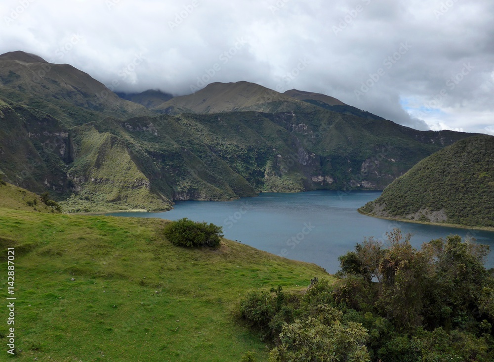 The stunning lake Cuicocha and surrounding mountains near Otavalo in Central Ecuador. 