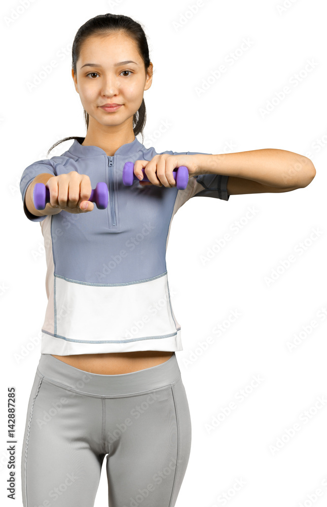Beautiful woman holding dumbbells isolated on white Beautiful woman holding dumbbells isolated on white