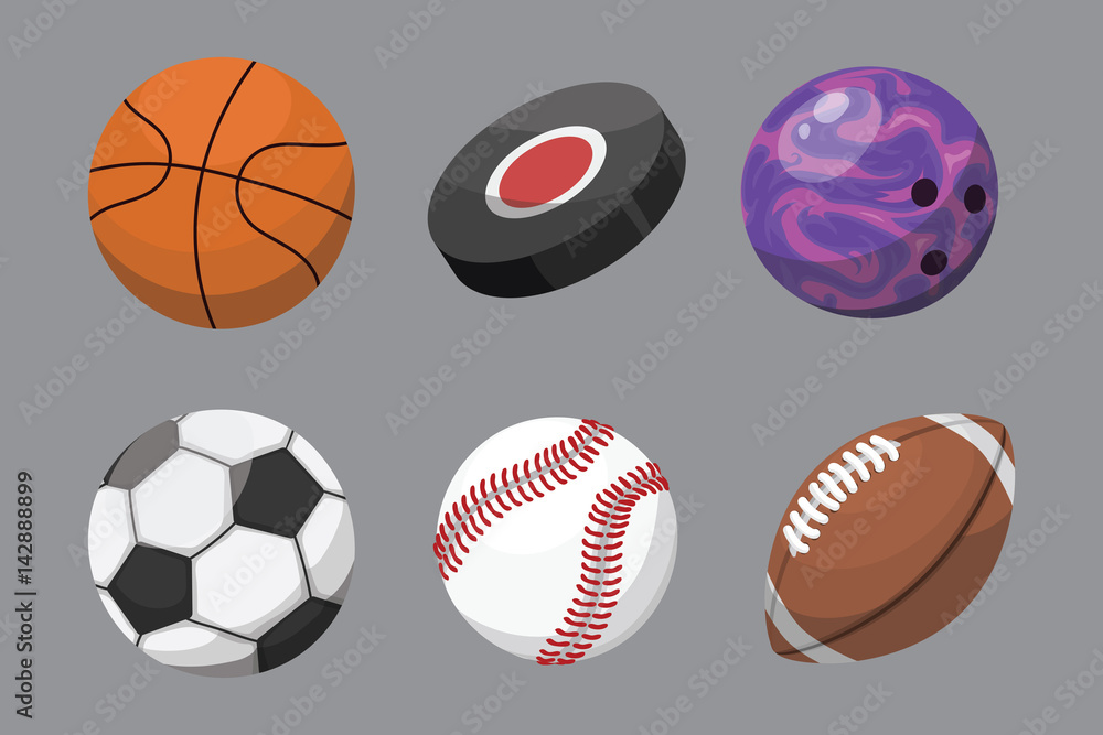 Sport balls isolated tournament win round basket soccer equipment and recreation leather group traditional different design vector illustration.