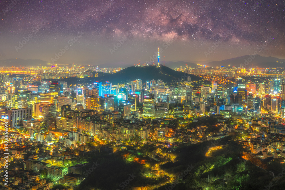 Milky way and seoul cityscape at night in Seoul,Korea
