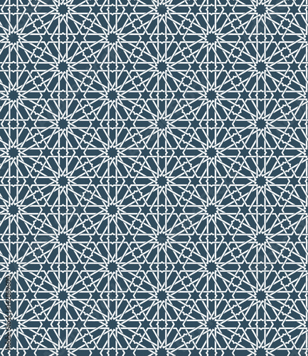 Seamless islamic Moroccan pattern. Arabic geometric ornament. Muslim texture. Vintage repeating background. Vector blue wallpaper. Oriental design and Ramadan wallpaper
