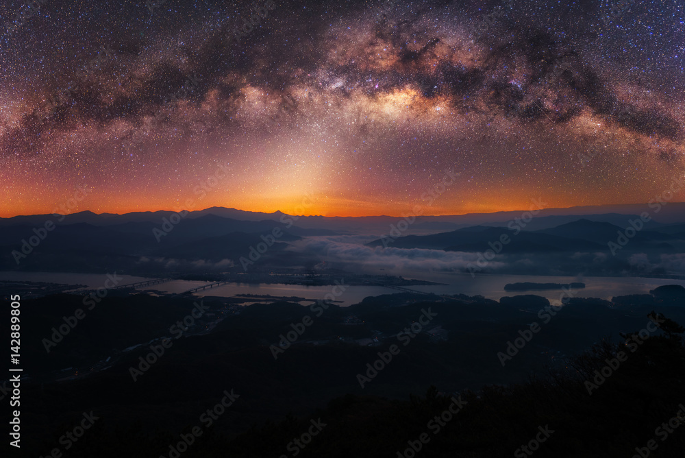 Milky way and fog of mountain in Korea.