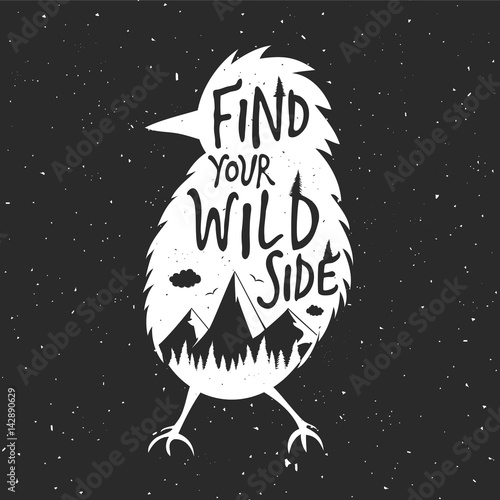 Grunge style vector illustration with white bird silhouette, clouds, forest and mountains.