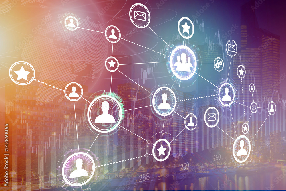 Concept of business international network interface with finance and city background - Technology concept Concept of business international network interface with finance and city background - Technology concept