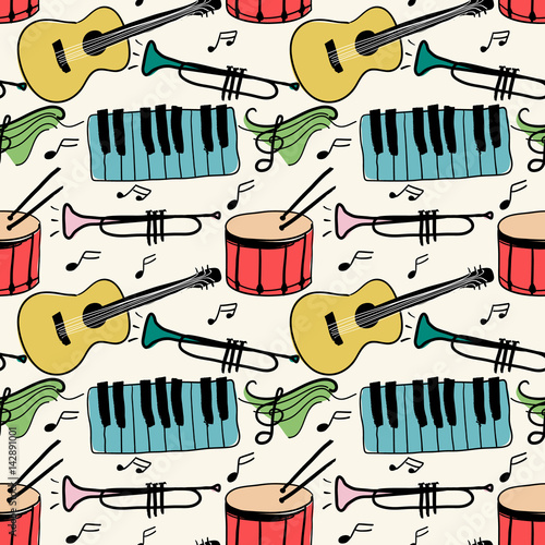 Music instruments doodle style seamless pattern
