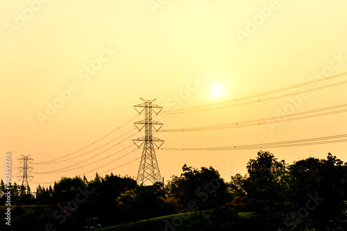 High voltage towers in the morning sky