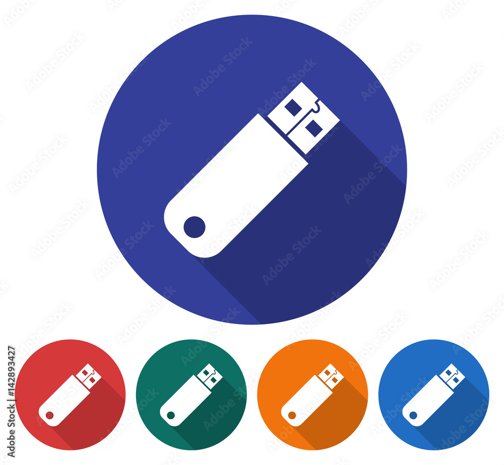 Round icon of USB device. Flat style illustration with long shadow in five variants background color Round icon of USB device. Flat style illustration with long shadow in five variants background color