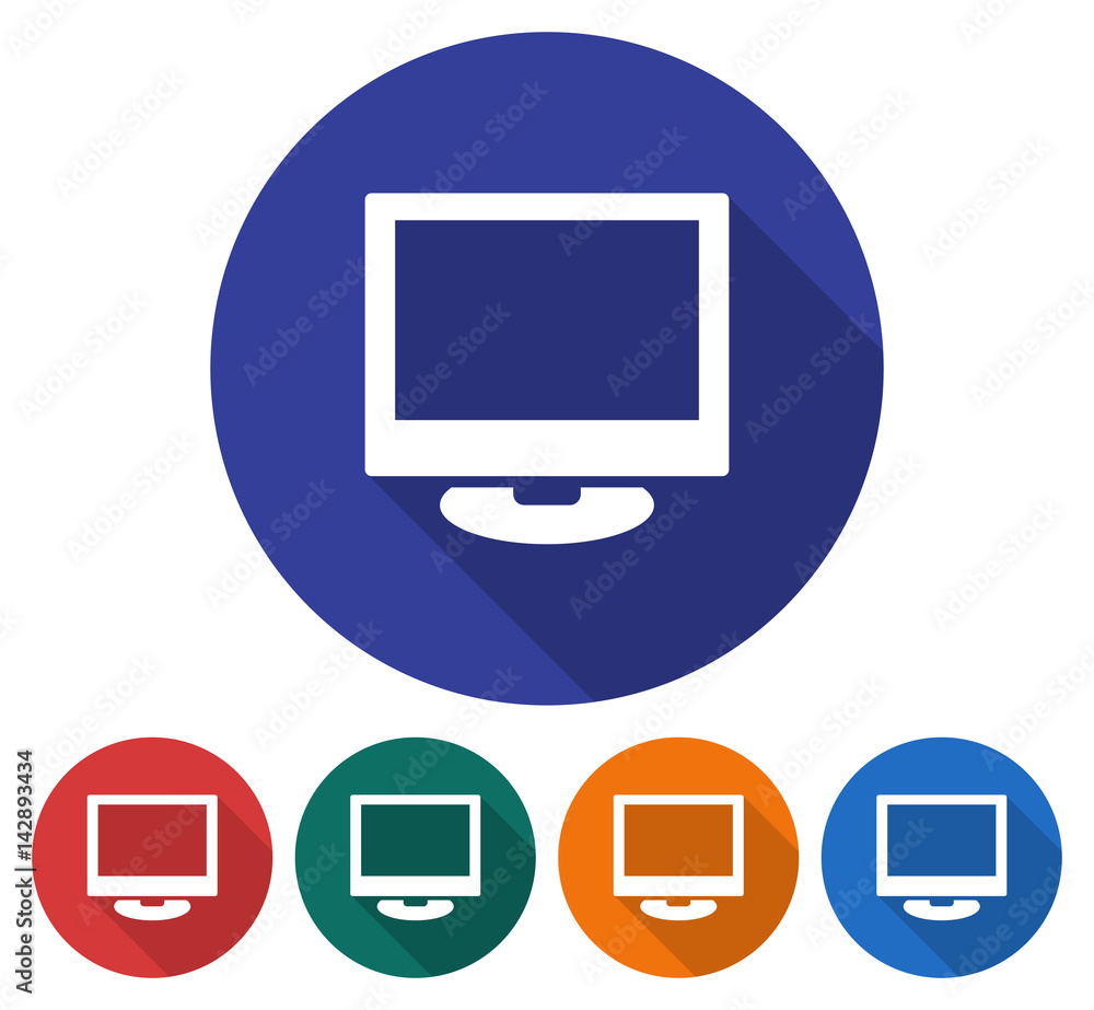 Round icon of computer LCD monitor. Flat style illustration with long shadow in five variants background color icon Round icon of computer LCD monitor. Flat style illustration with long shadow in five variants background color icon