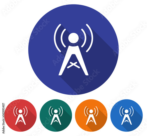Round icon of radio repeater. Flat style illustration with long shadow in five variants background color