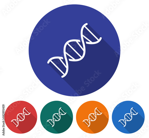 Round icon of DNA. Flat style illustration with long shadow in five variants background color