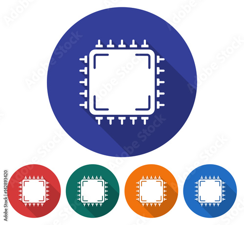 Round icon of central processing unit. Flat style illustration with long shadow in five variants background color