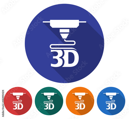Round icon of  3d printer. Flat style illustration with long shadow in five variants background color