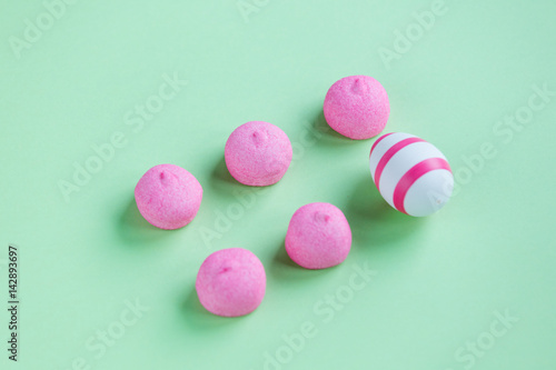 photo of tasty pink marshmallows and Easter egg on the wonderful green studio background