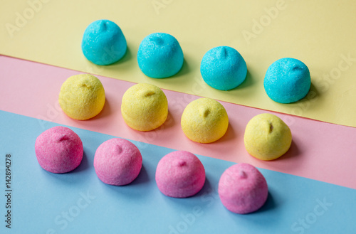 photo of colorful marshmallows on the wonderful colorful background in pop art style