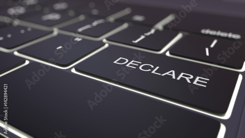 Black luminous computer keyboard and declare key. Conceptual 3D rendering