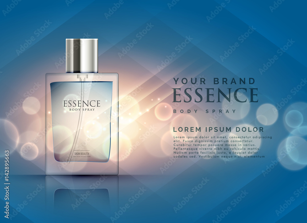 essence perfume ads concept with transparent bottle and bokeh light background