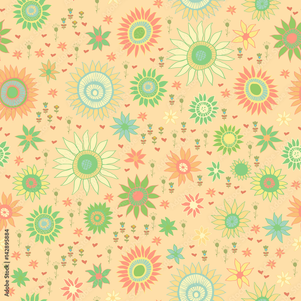 Seamless doodle floral kids pattern.