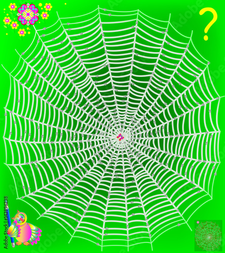 Logic puzzle game with labyrinth. Help the butterfly get out of the web. Need to draw the way till the flower. It is forbidden to cross the nodes. Vector image.