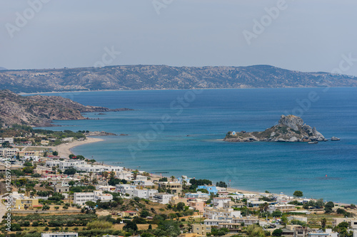 Beautiful aerial view of Kefalos village, Kastri island and the coastline of Kos island, Dodecanese, Greece