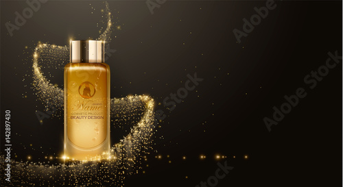 Cream ads, makeup container template. Design cosmetics product advertising, blur and bokeh background, sparkling effect. 3d Vector illustration for cream, soaps, foams, lotions.