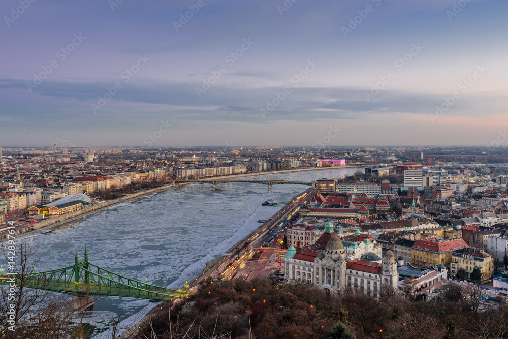 Beautiful aerial evening view of the Danube river and Budapest city, Hungary
