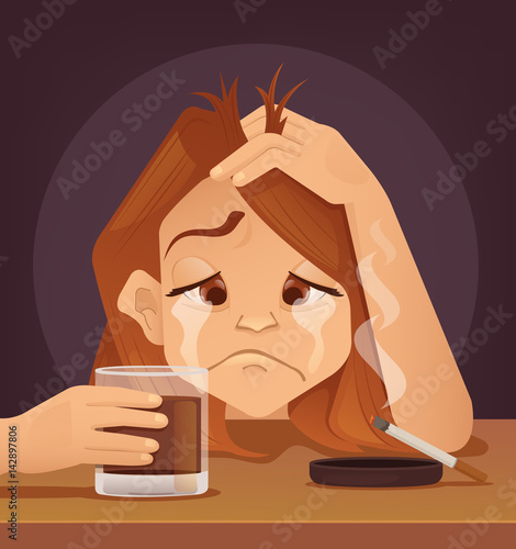 Sad unhappy young woman teenager character cry smoke and drink. Vector flat cartoon illustration