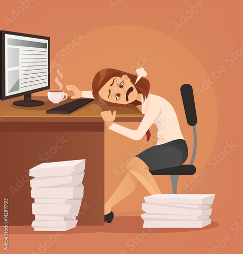 Hard work. Tired unhappy office worker woman character trying to work. Vector flat cartoon illustration