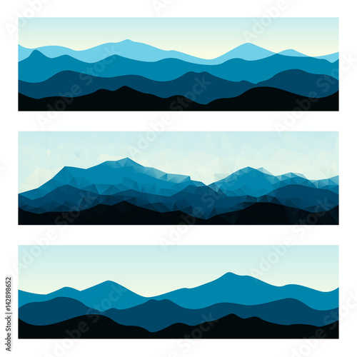 Outdoor banners with mountain ridges. Horizontal nature backgrounds. Vector illustration for hiking and travelling.
