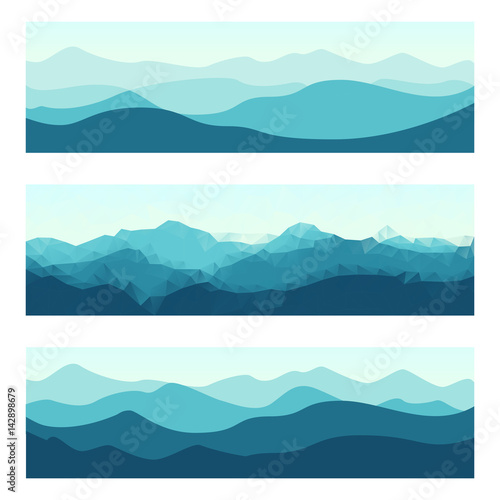 Outdoor banners with mountain ridges. Horizontal nature backgrounds. Vector illustration for hiking and travelling.