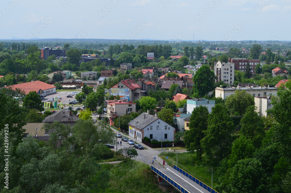 Widok Oświęcimia z lotu ptaka w lecie/Aerial view of Oswiecim town in summer, Lesser Poland, Poland