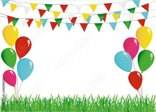 A protective card or invitation for a holiday. Green grass and garland of colorful flags and balloons. Vector. Free space for text