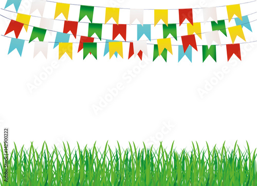 A protective card or invitation for a holiday. Green grass and garland of colorful flags. Vector. Free space for text