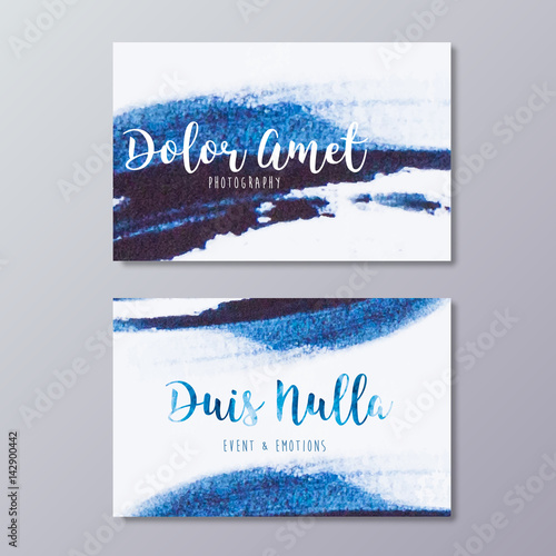 Premade photography business card design. Hand drawn abstract blue watercolor stroke texture and wedding event branding identity.