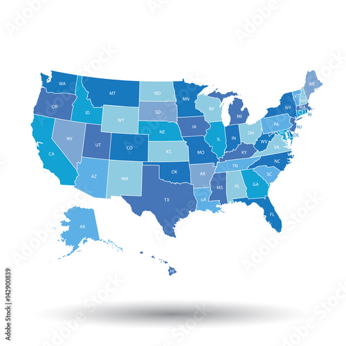 High detailed USA map with federal states. Vector illustration United states of America in blue color.