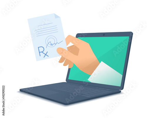 Computer, doctor's hand holding rx. Medic through the laptop screen giving the prescription to patient. Tele, online, remote medicine concept. Vector flat isolated illustration on white background. photo