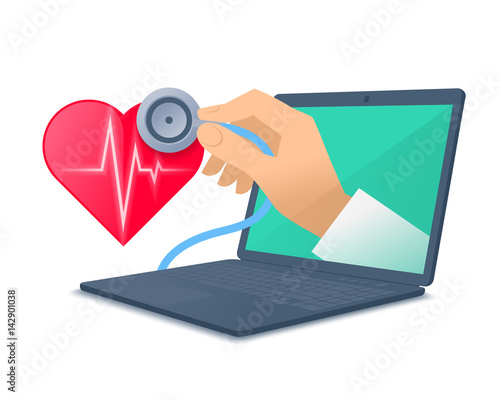 Laptop, red heart shape, pulse line, doctor's hand holding a stethoscope. Medic through the computer screen checking heartbeat. Tele, online, remote medicine concept. Vector flat isolated illustration