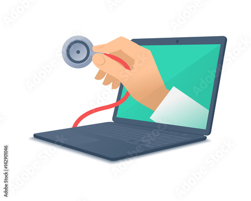 Computer, doctor's hand holding a stethoscope. Medic through the laptop screen checking pulse. Tele, online, remote medicine concept. Vector flat isolated illustration on white background.