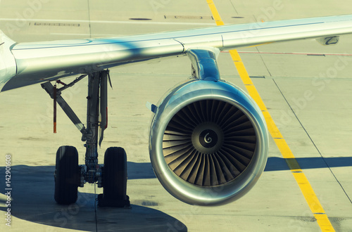 Close-up view of airplane turbine engine.
