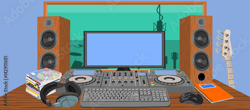 Music studio. A modern recording studio with electronic equipment and instruments. Soundproofed room. photo