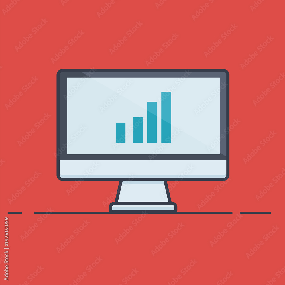 Computer with Graph in Flat Line Design - Vector Illustration Computer with Graph in Flat Line Design - Vector Illustration