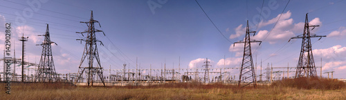 Obraz na płótnie Panorama of high voltage substation. Distribution electrical power. w salonie