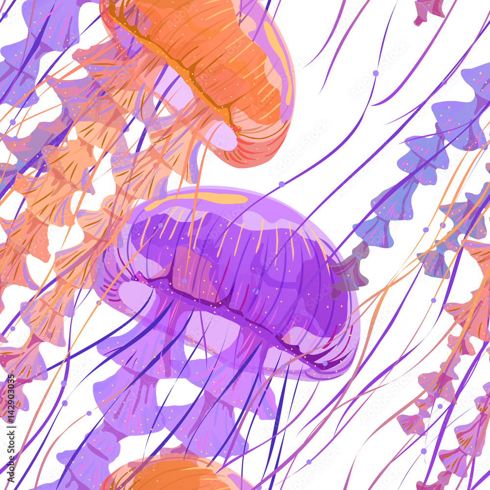 Obraz premium Seamless pattern with detailed transparent jellyfish. Orange and fiolet sea jelly on white background. Vector illustration